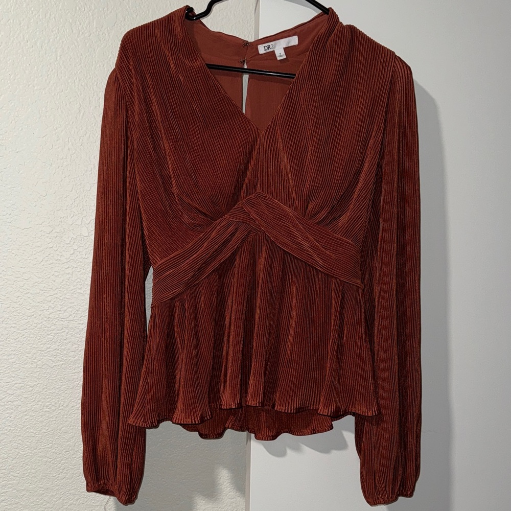 Rust Pleated Long Sleeve Blouse
